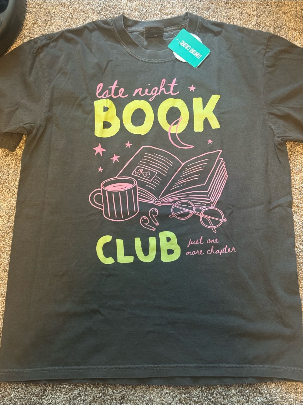 'Late Night Book Club' Graphic Tee - pepper gray with Pink & Lime Print